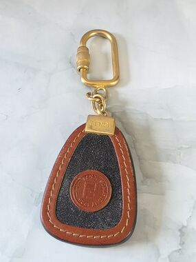 Fendi Vintage Leather Keychain Bag Charm Gold Tone Carabiner